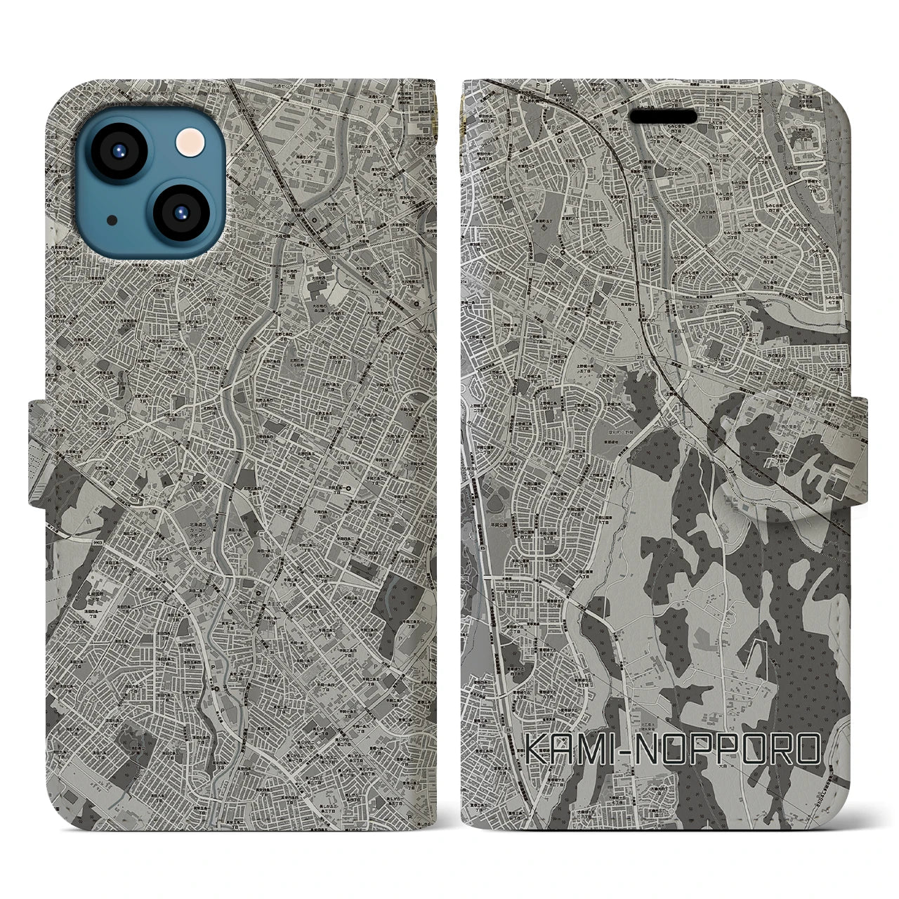 【上野幌(北海道)】地図柄iPhoneケース(手帳タイプ)モノトーン・iPhone 13 用