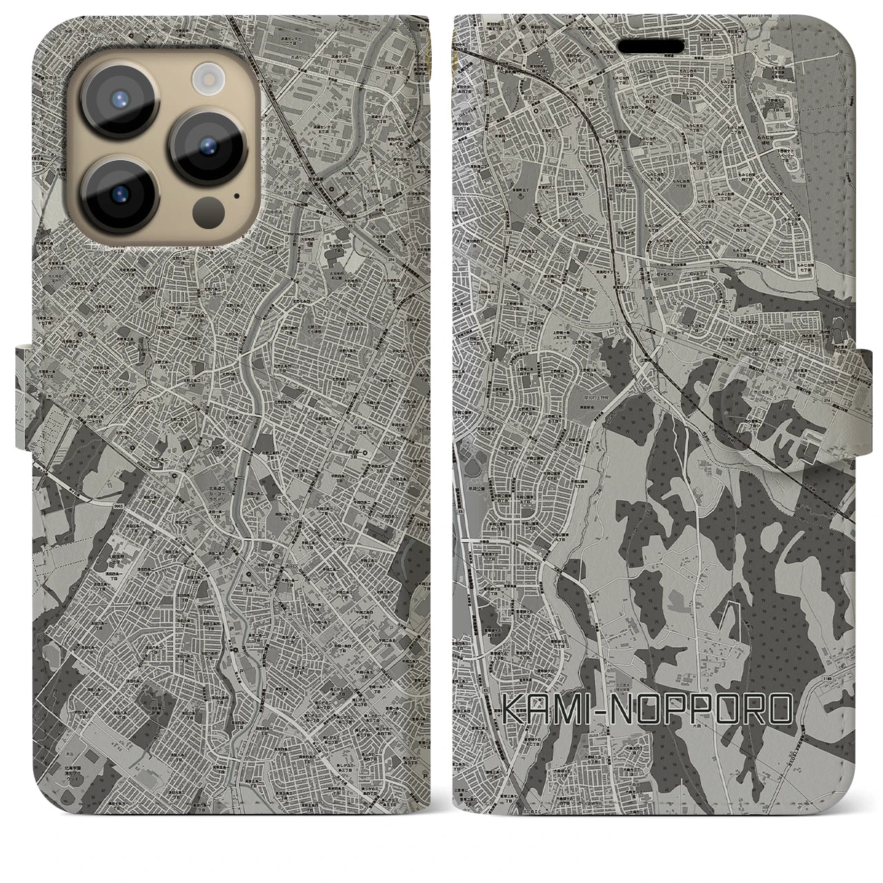 【上野幌(北海道)】地図柄iPhoneケース(手帳タイプ)モノトーン・iPhone 14 Pro Max 用