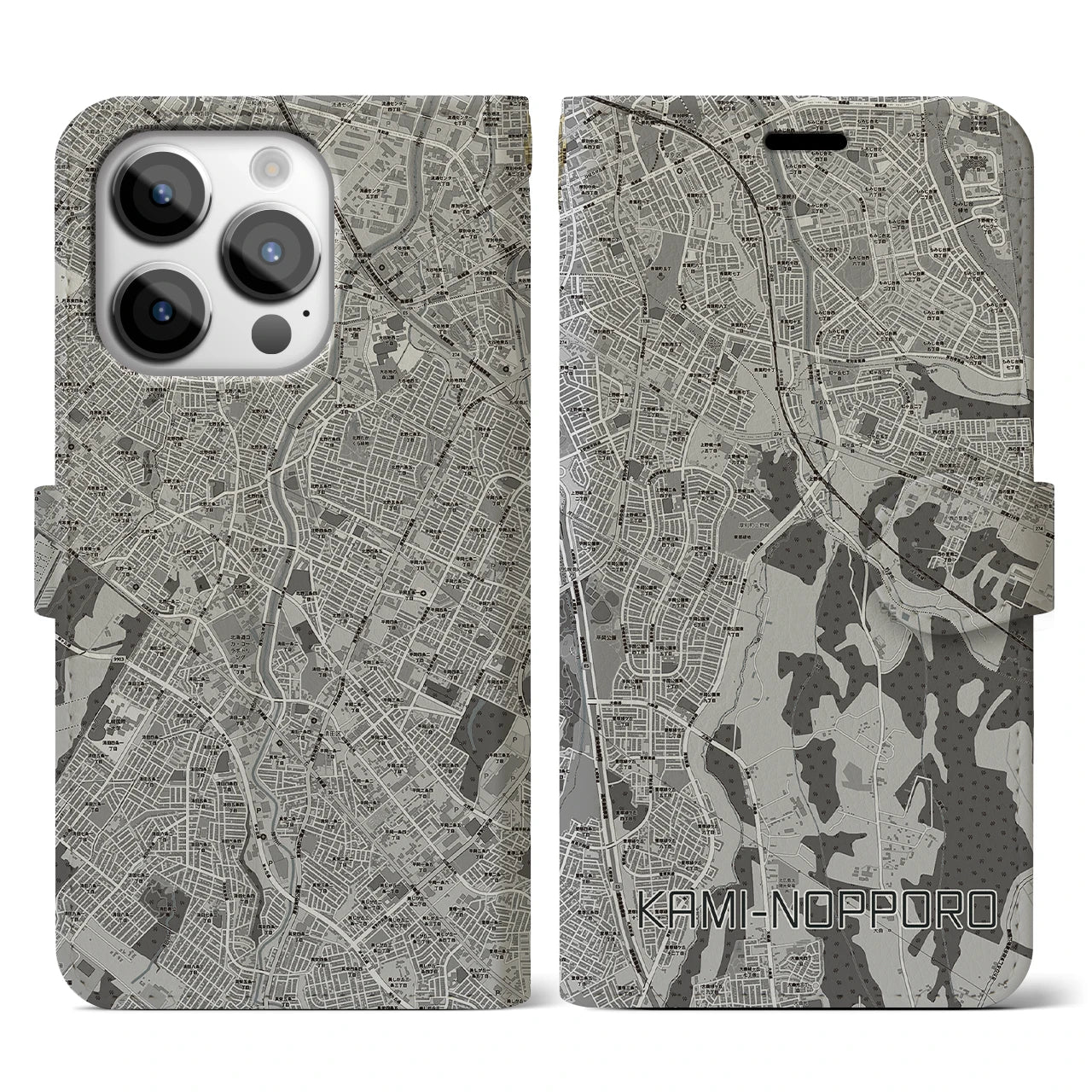 【上野幌(北海道)】地図柄iPhoneケース(手帳タイプ)モノトーン・iPhone 14 Pro 用