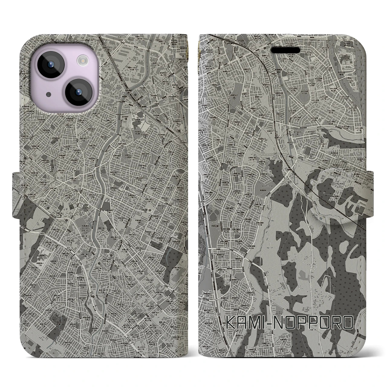 【上野幌(北海道)】地図柄iPhoneケース(手帳タイプ)モノトーン・iPhone 14 用