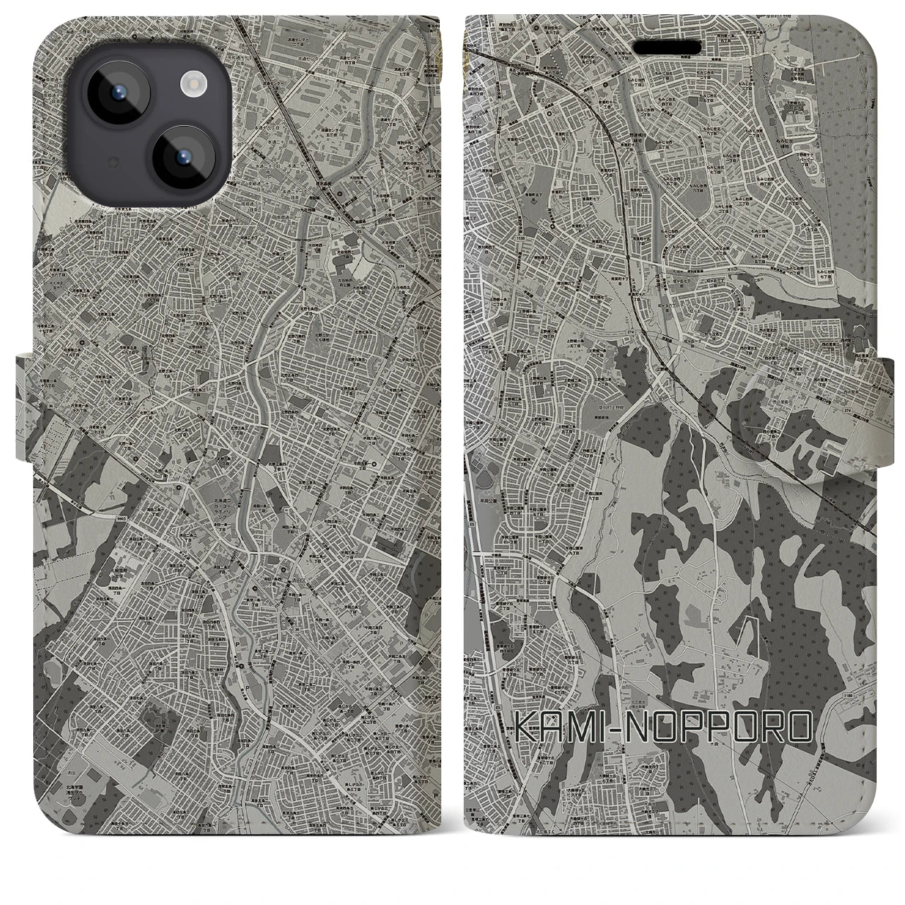 【上野幌(北海道)】地図柄iPhoneケース(手帳タイプ)モノトーン・iPhone 14 Plus 用