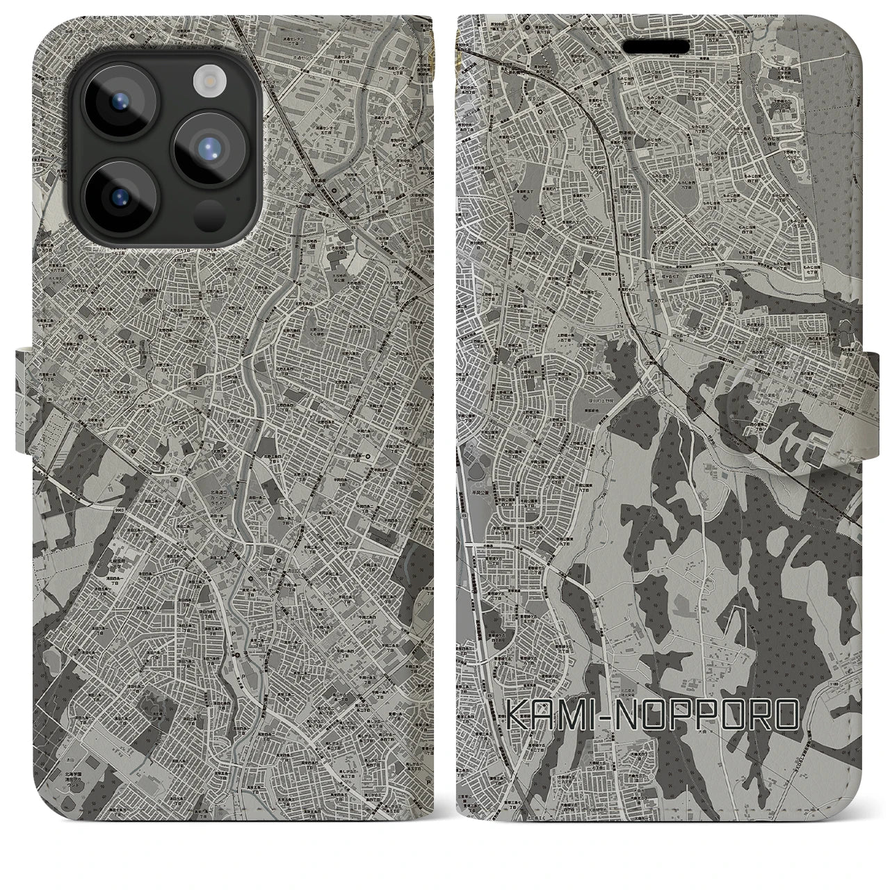【上野幌(北海道)】地図柄iPhoneケース(手帳タイプ)モノトーン・iPhone 15 Pro Max 用