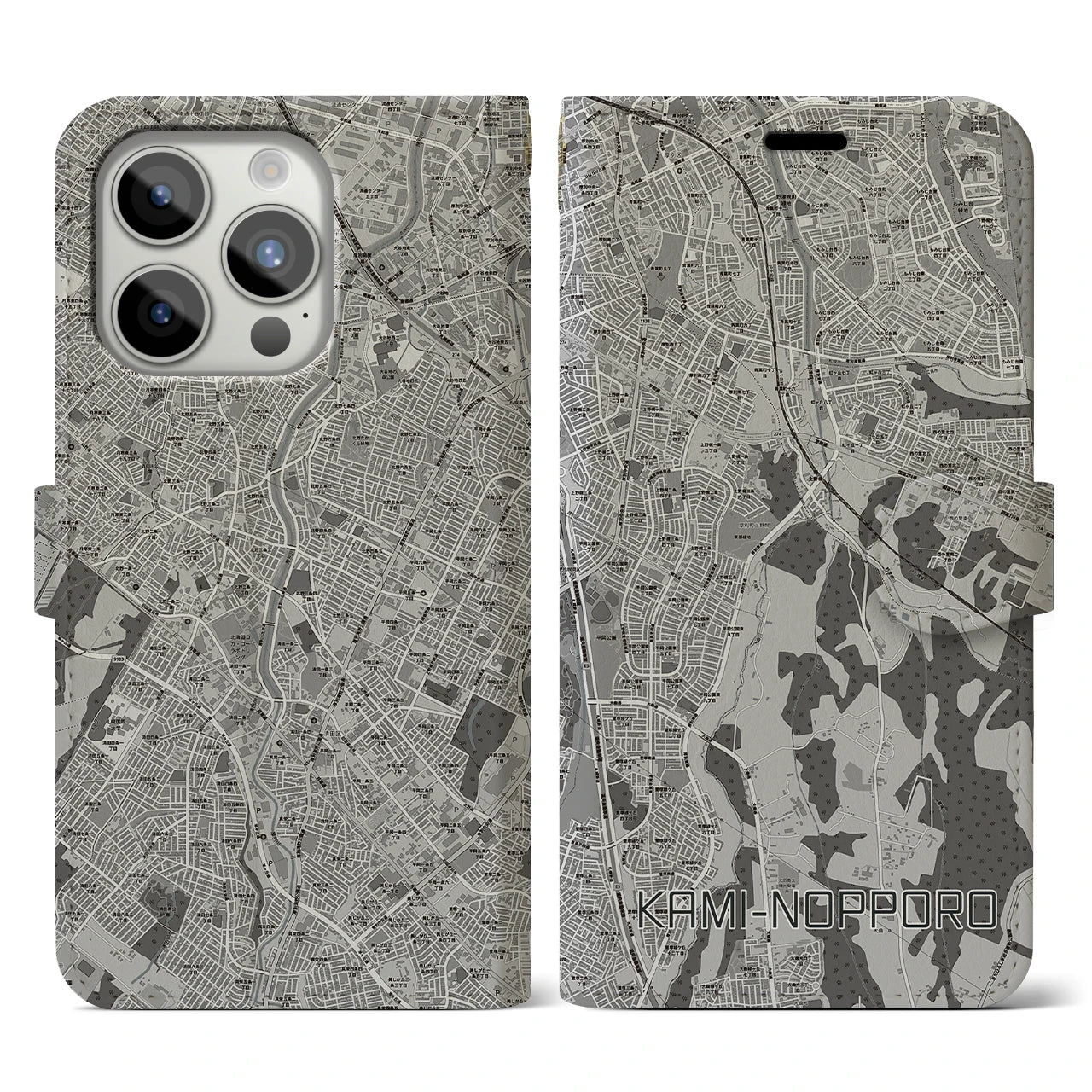 【上野幌(北海道)】地図柄iPhoneケース(手帳タイプ)モノトーン・iPhone 15 Pro 用