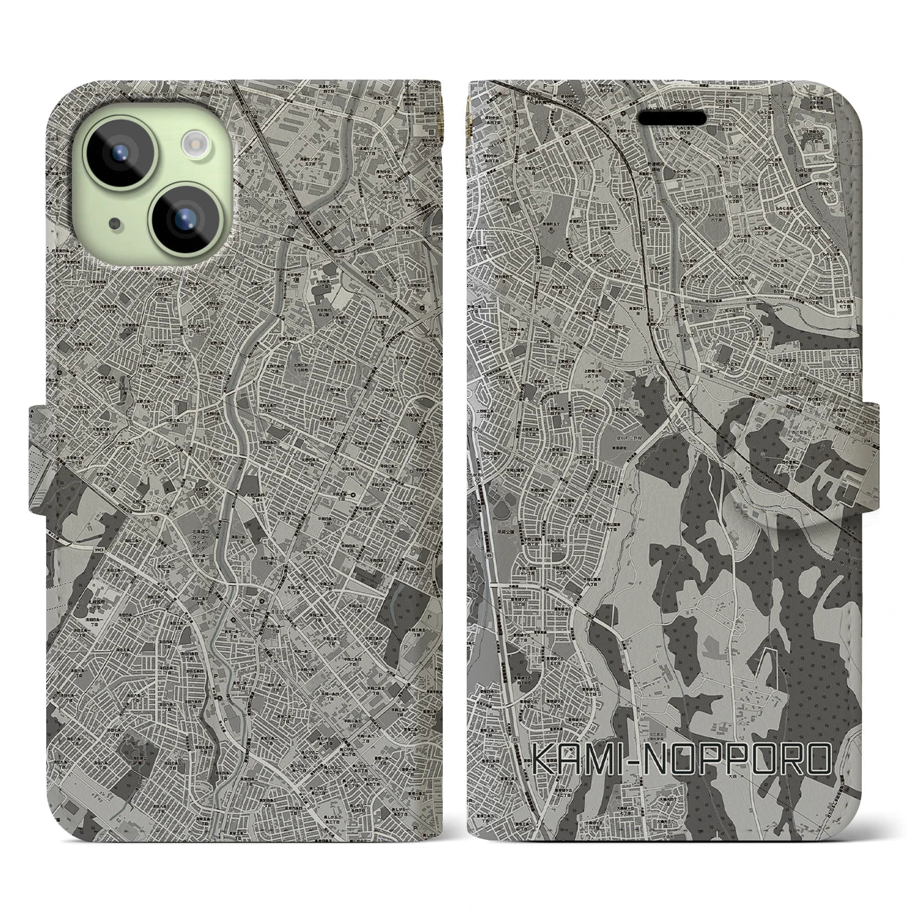 【上野幌(北海道)】地図柄iPhoneケース(手帳タイプ)モノトーン・iPhone 15 用