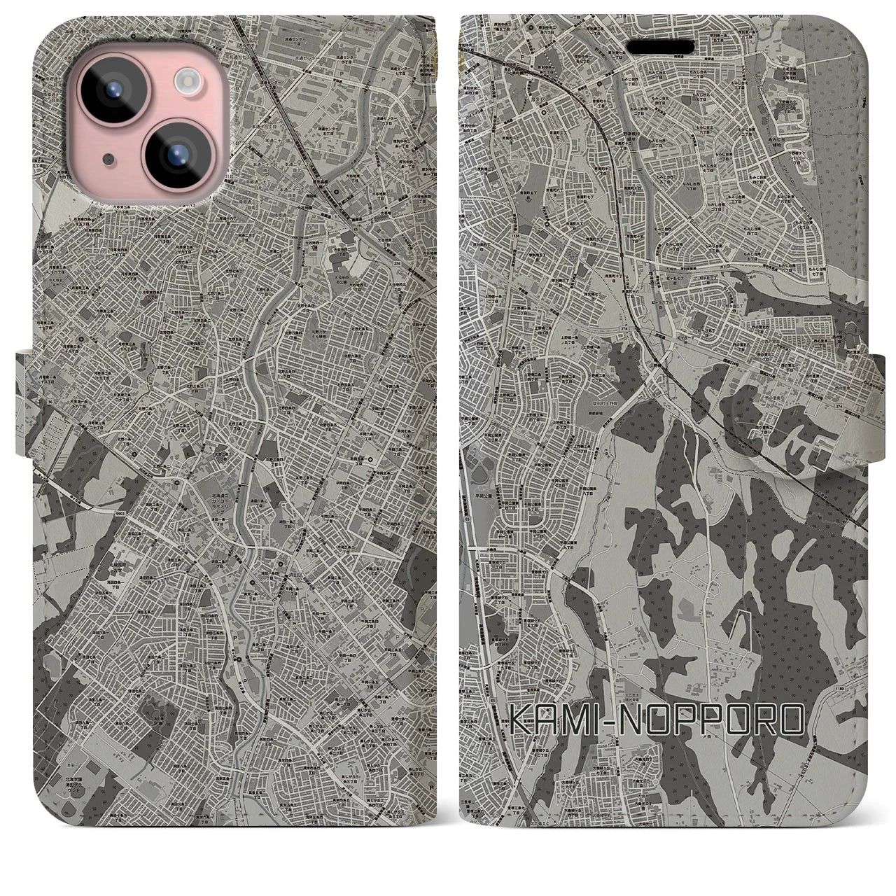 【上野幌(北海道)】地図柄iPhoneケース(手帳タイプ)モノトーン・iPhone 15 Plus 用