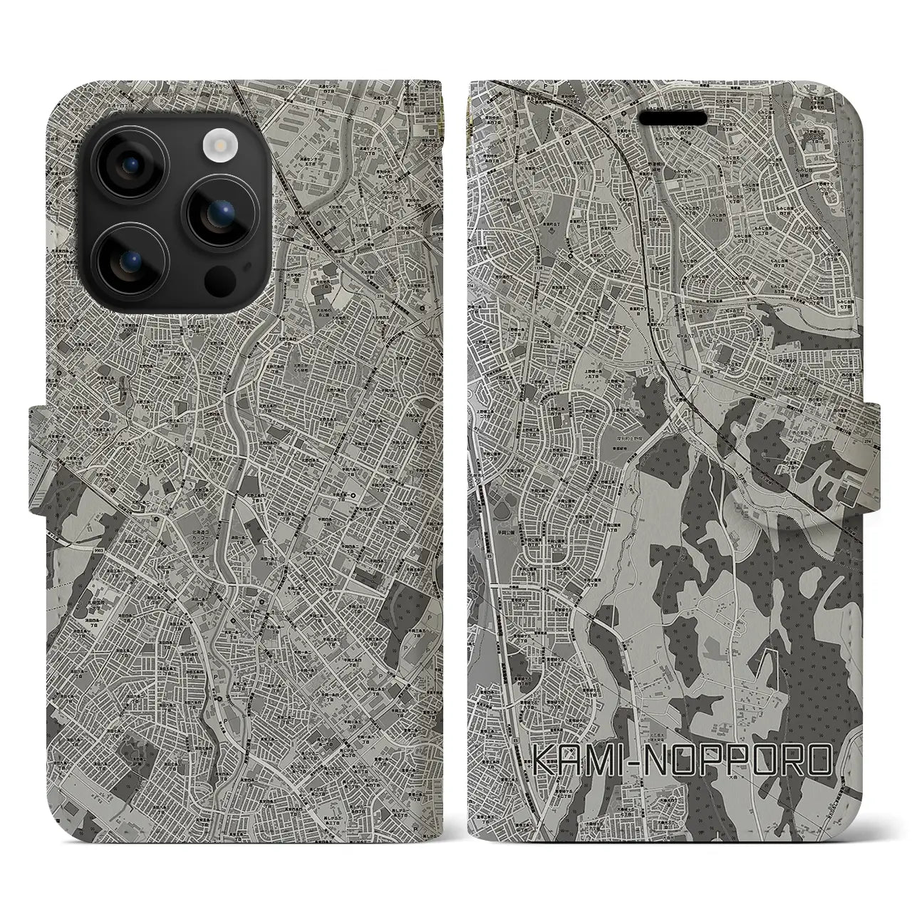 【上野幌(北海道)】地図柄iPhoneケース(手帳タイプ)モノトーン・iPhone 16 用