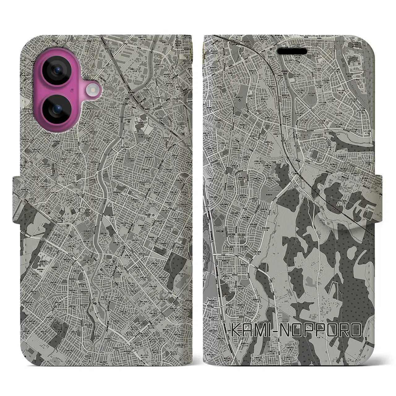 【上野幌(北海道)】地図柄iPhoneケース(手帳タイプ)モノトーン・iPhone 16 Pro 用