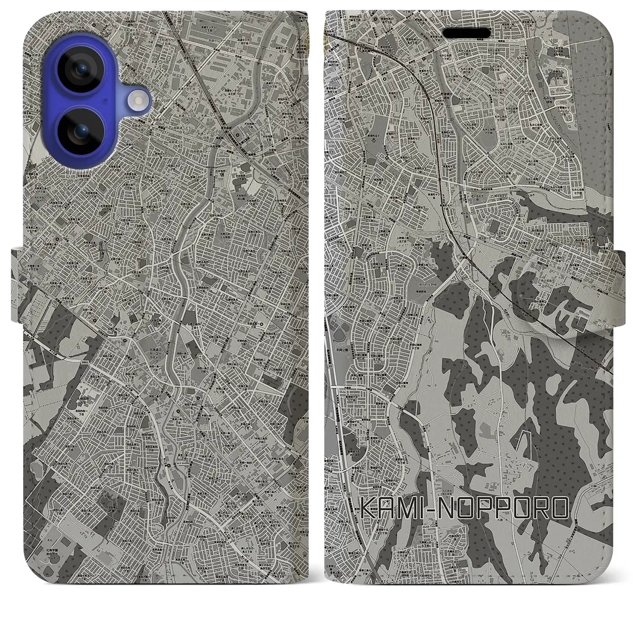 【上野幌(北海道)】地図柄iPhoneケース(手帳タイプ)モノトーン・iPhone 16 Pro Max 用
