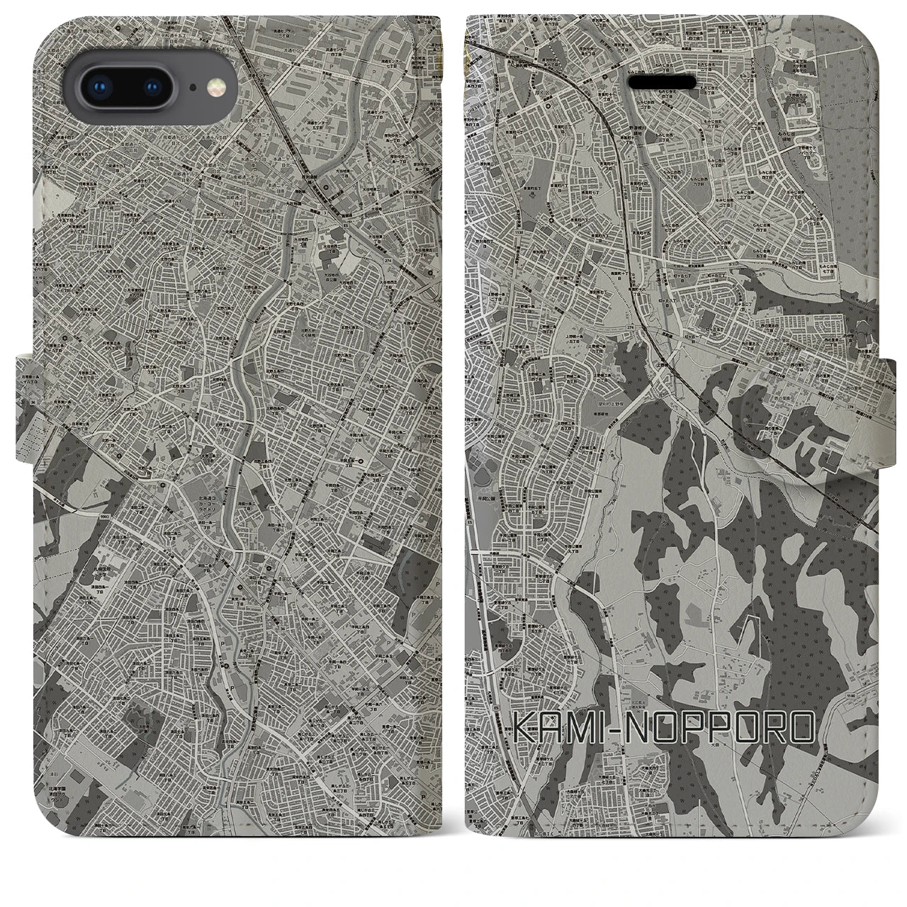 【上野幌(北海道)】地図柄iPhoneケース(手帳タイプ)モノトーン・iPhone 8Plus /7Plus / 6sPlus / 6Plus 用