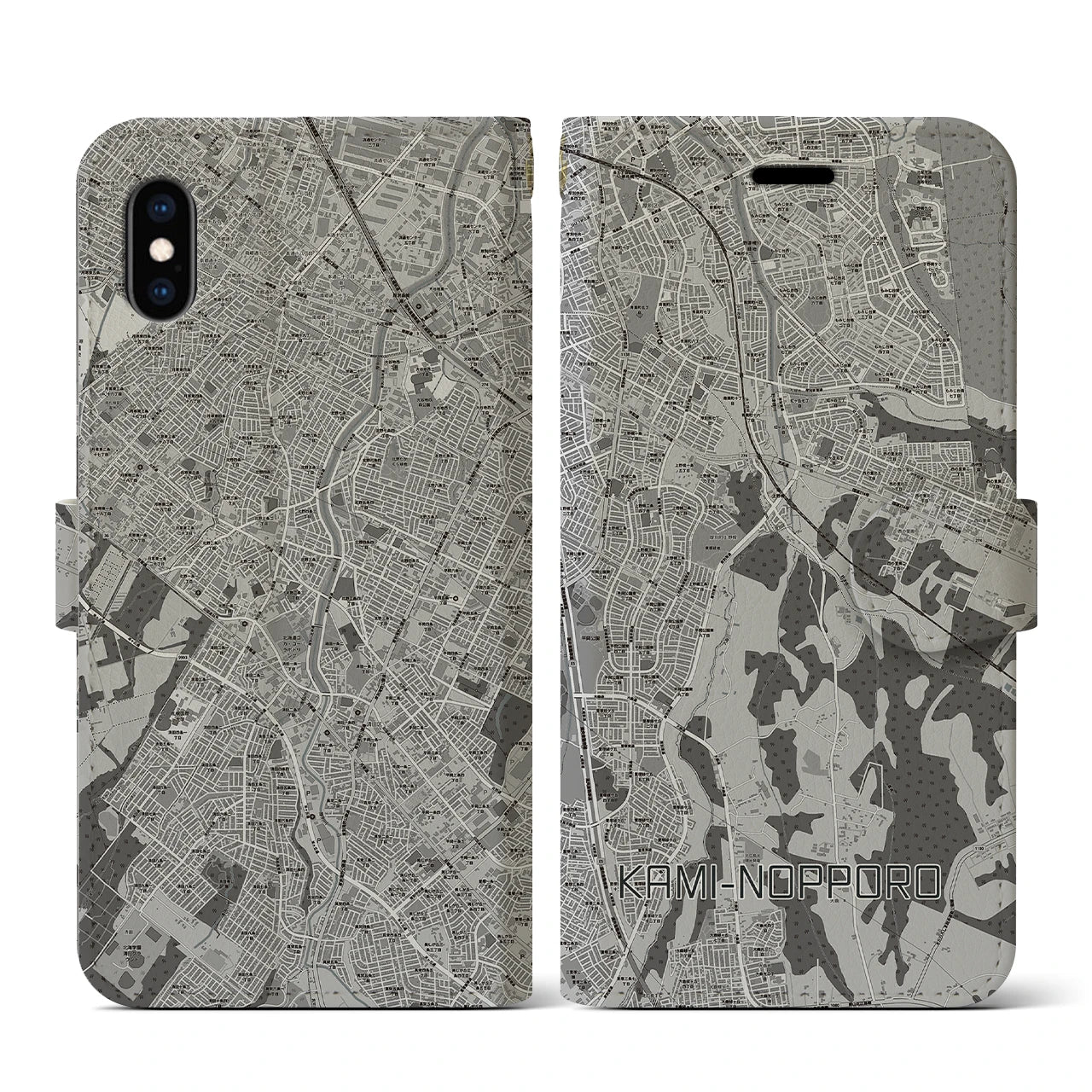 【上野幌(北海道)】地図柄iPhoneケース(手帳タイプ)モノトーン・iPhone XS / X 用