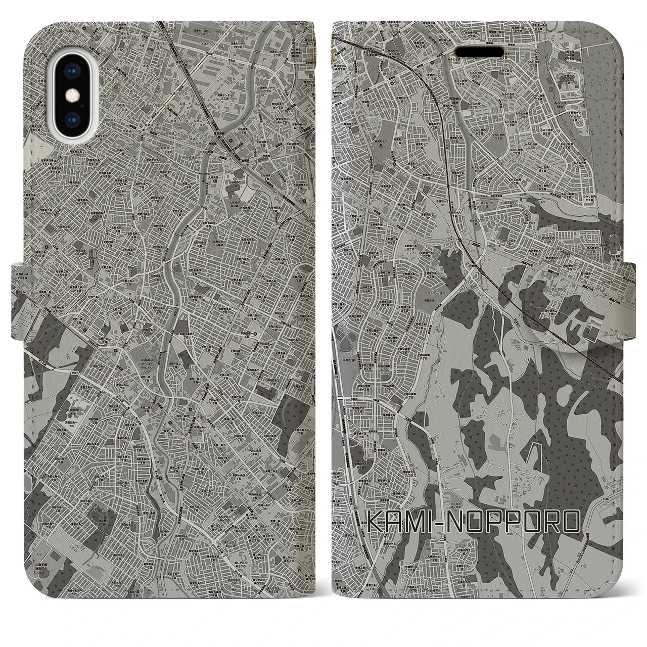 【上野幌(北海道)】地図柄iPhoneケース(手帳タイプ)モノトーン・iPhone XS Max 用