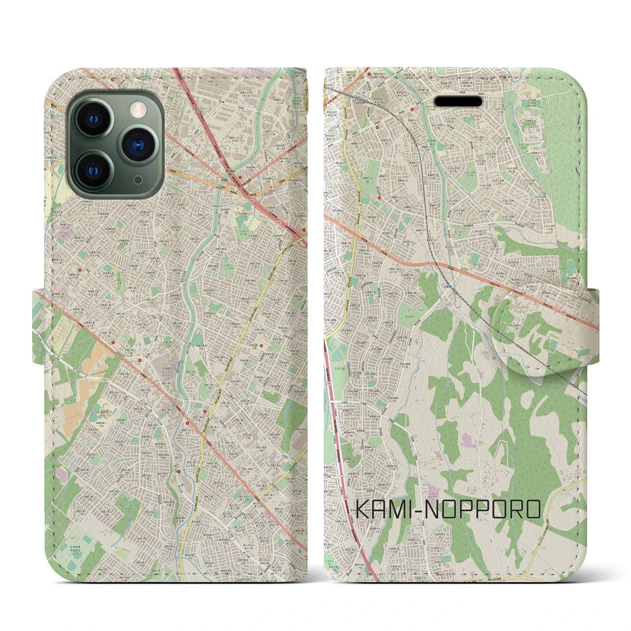 【上野幌(北海道)】地図柄iPhoneケース(手帳タイプ)ナチュラル・iPhone 11 Pro 用