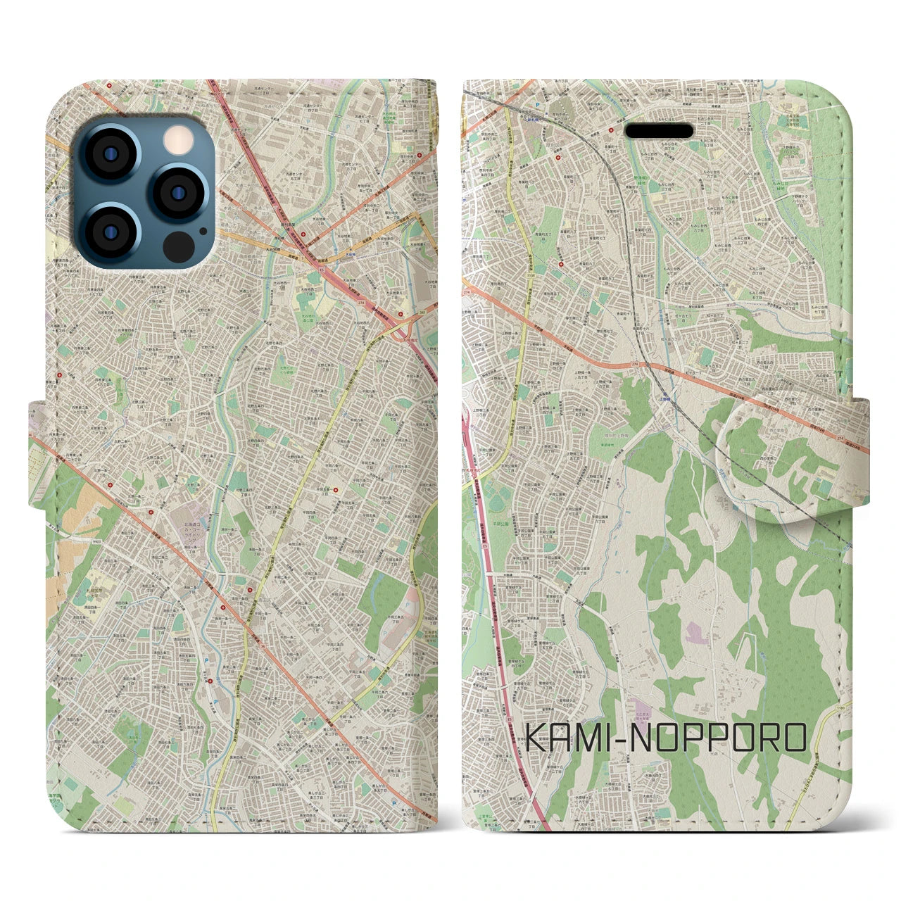 【上野幌(北海道)】地図柄iPhoneケース(手帳タイプ)ナチュラル・iPhone 12 / 12 Pro 用