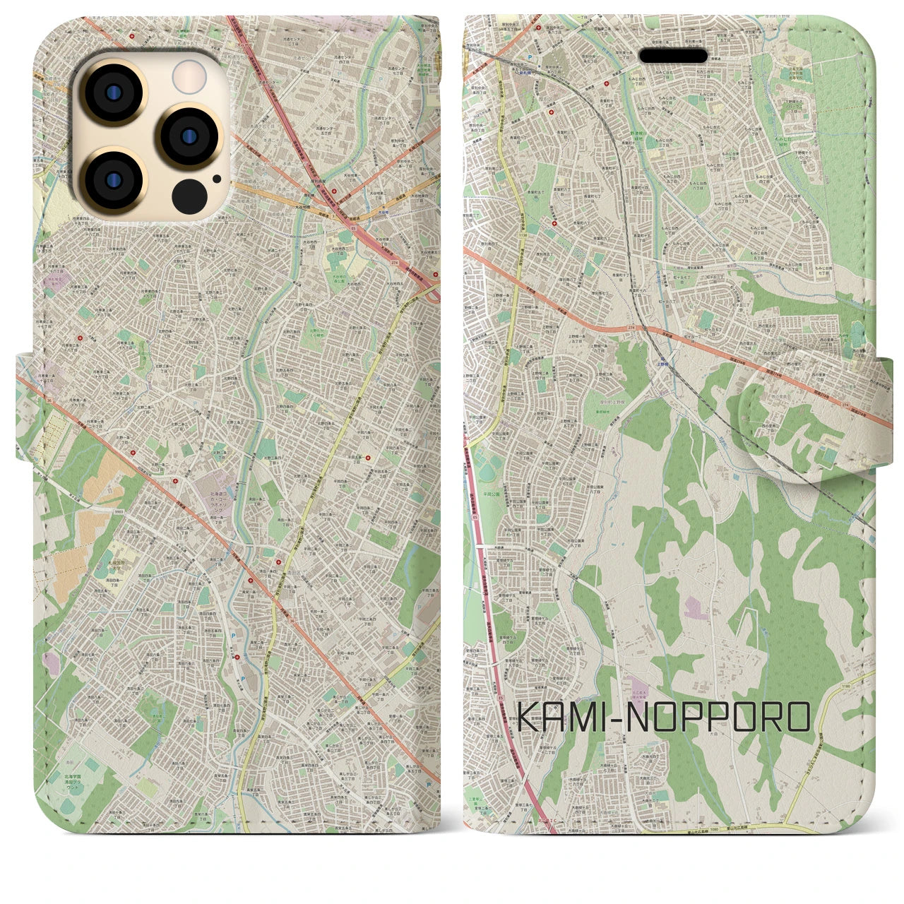 【上野幌(北海道)】地図柄iPhoneケース(手帳タイプ)ナチュラル・iPhone 12 Pro Max 用