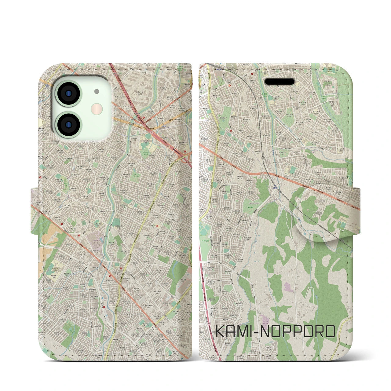 【上野幌(北海道)】地図柄iPhoneケース(手帳タイプ)ナチュラル・iPhone 12 mini 用