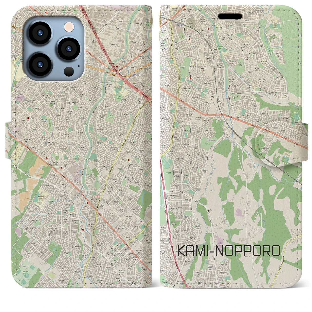 【上野幌(北海道)】地図柄iPhoneケース(手帳タイプ)ナチュラル・iPhone 13 Pro Max 用