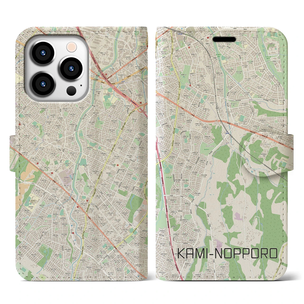 【上野幌(北海道)】地図柄iPhoneケース(手帳タイプ)ナチュラル・iPhone 13 Pro 用