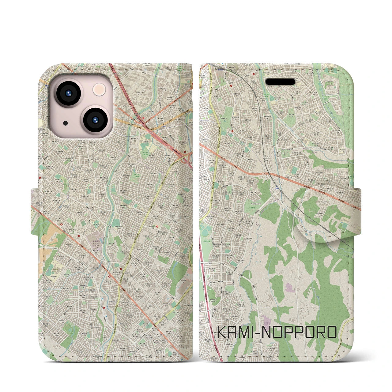 【上野幌(北海道)】地図柄iPhoneケース(手帳タイプ)ナチュラル・iPhone 13 mini 用