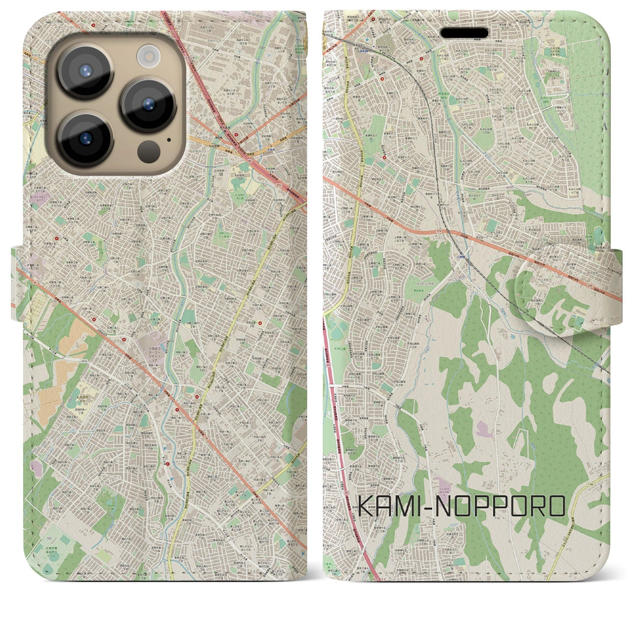 【上野幌(北海道)】地図柄iPhoneケース(手帳タイプ)ナチュラル・iPhone 14 Pro Max 用