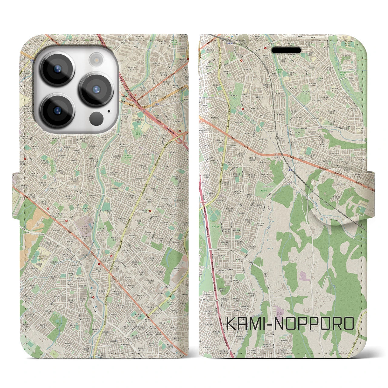 【上野幌(北海道)】地図柄iPhoneケース(手帳タイプ)ナチュラル・iPhone 14 Pro 用