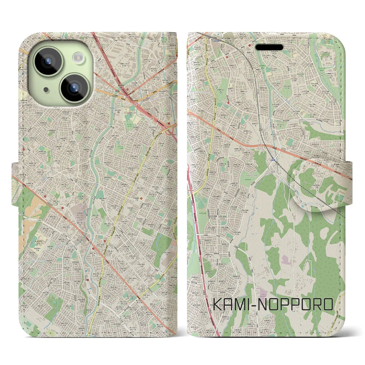 【上野幌(北海道)】地図柄iPhoneケース(手帳タイプ)ナチュラル・iPhone 15 用