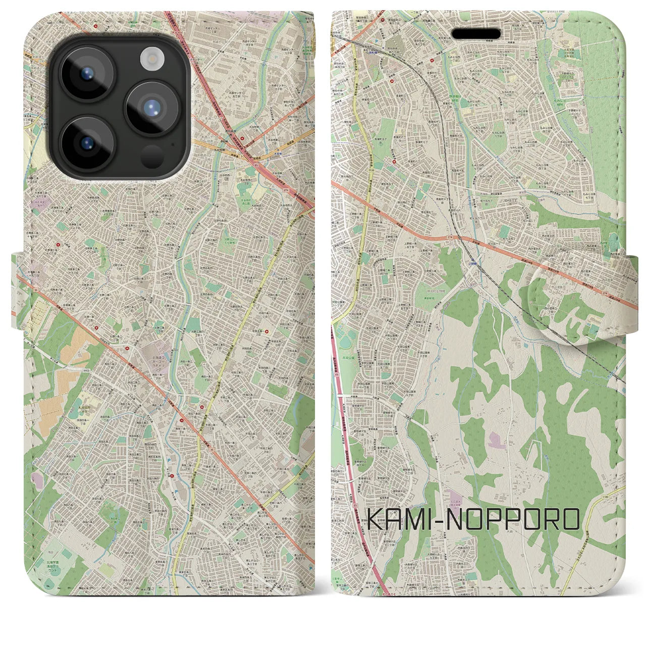 【上野幌(北海道)】地図柄iPhoneケース(手帳タイプ)ナチュラル・iPhone 15 Pro Max 用