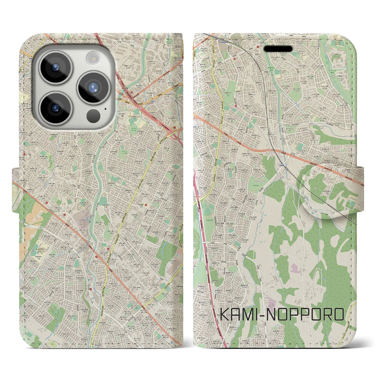 【上野幌(北海道)】地図柄iPhoneケース(手帳タイプ)ナチュラル・iPhone 15 Pro 用