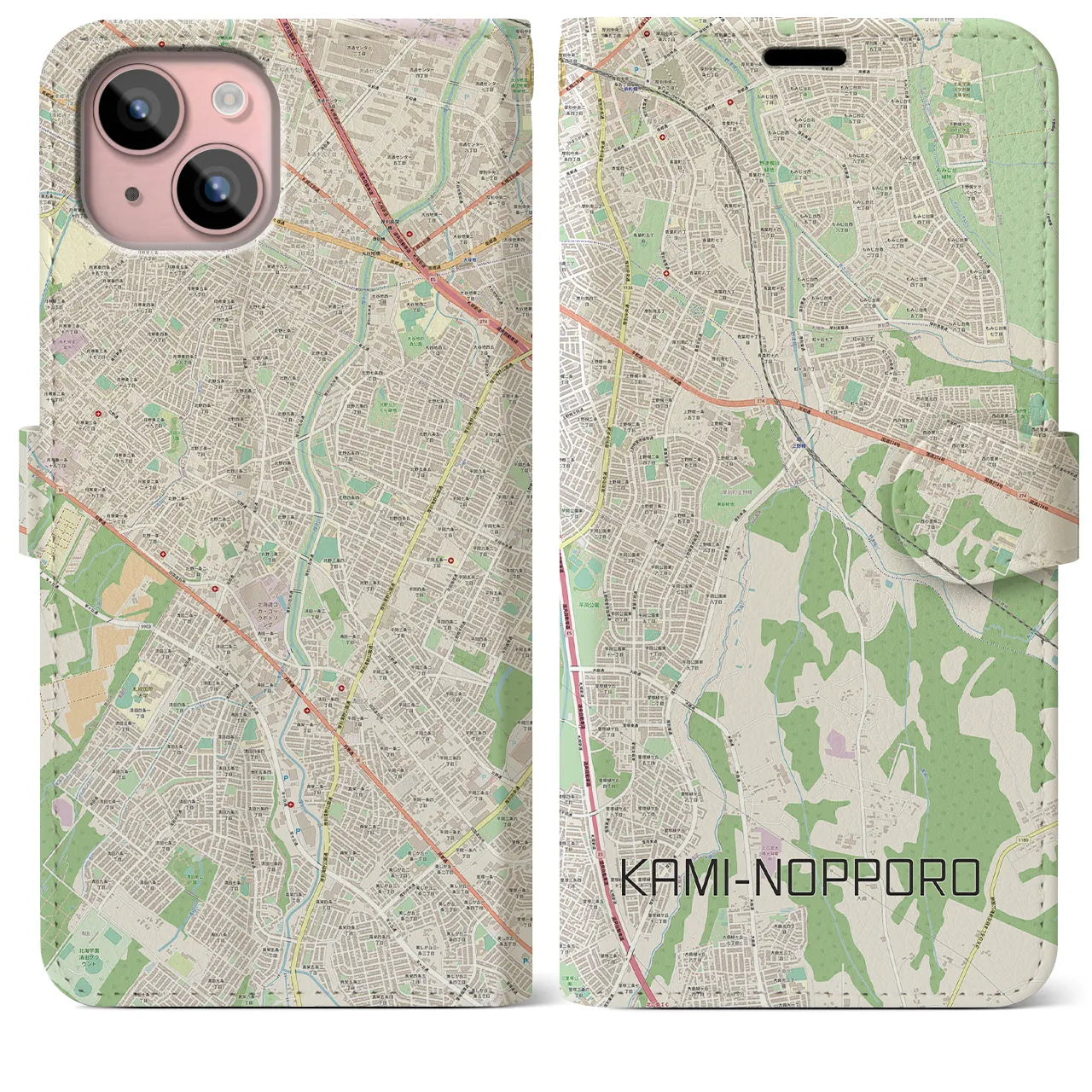 【上野幌(北海道)】地図柄iPhoneケース(手帳タイプ)ナチュラル・iPhone 15 Plus 用