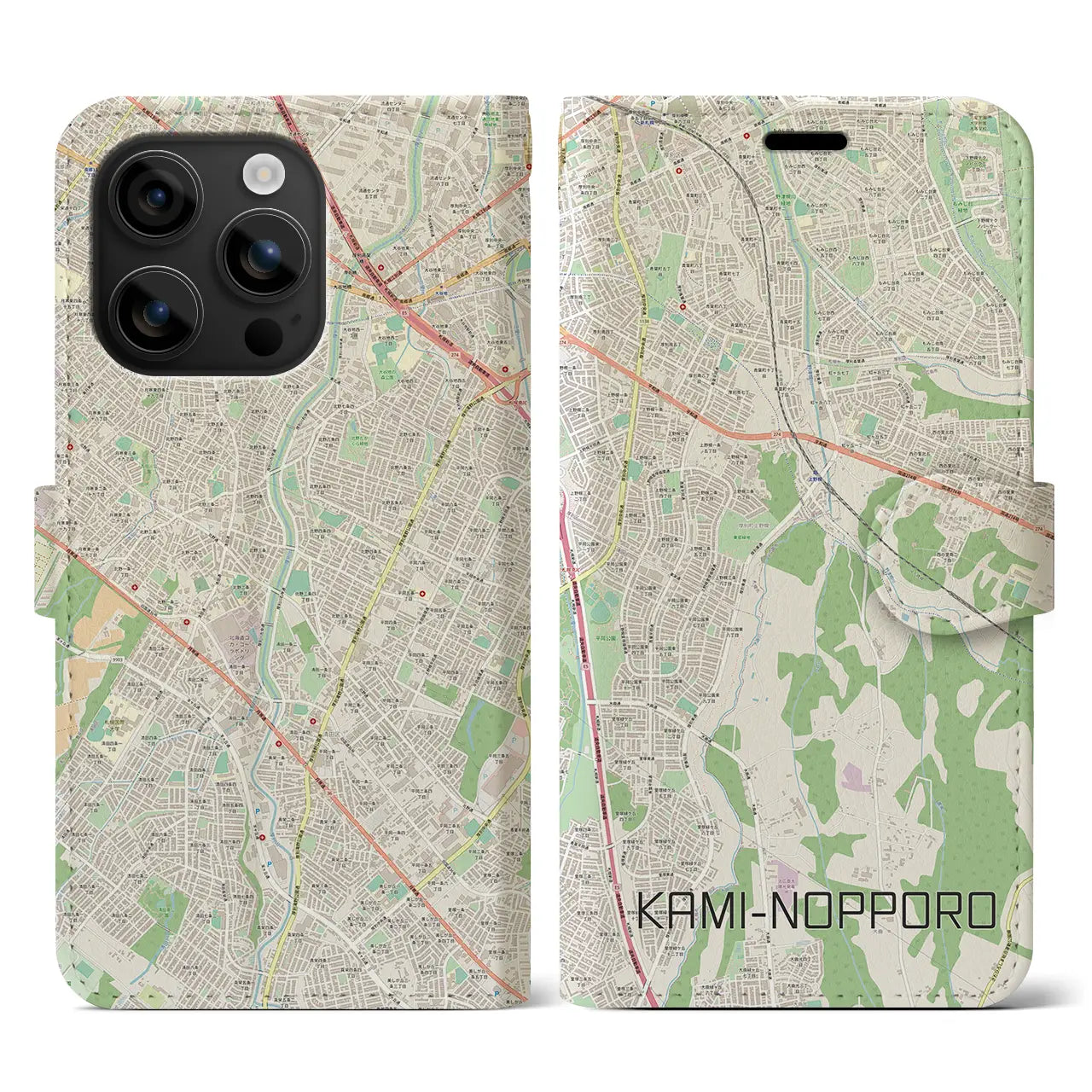 【上野幌(北海道)】地図柄iPhoneケース(手帳タイプ)ナチュラル・iPhone 16 用