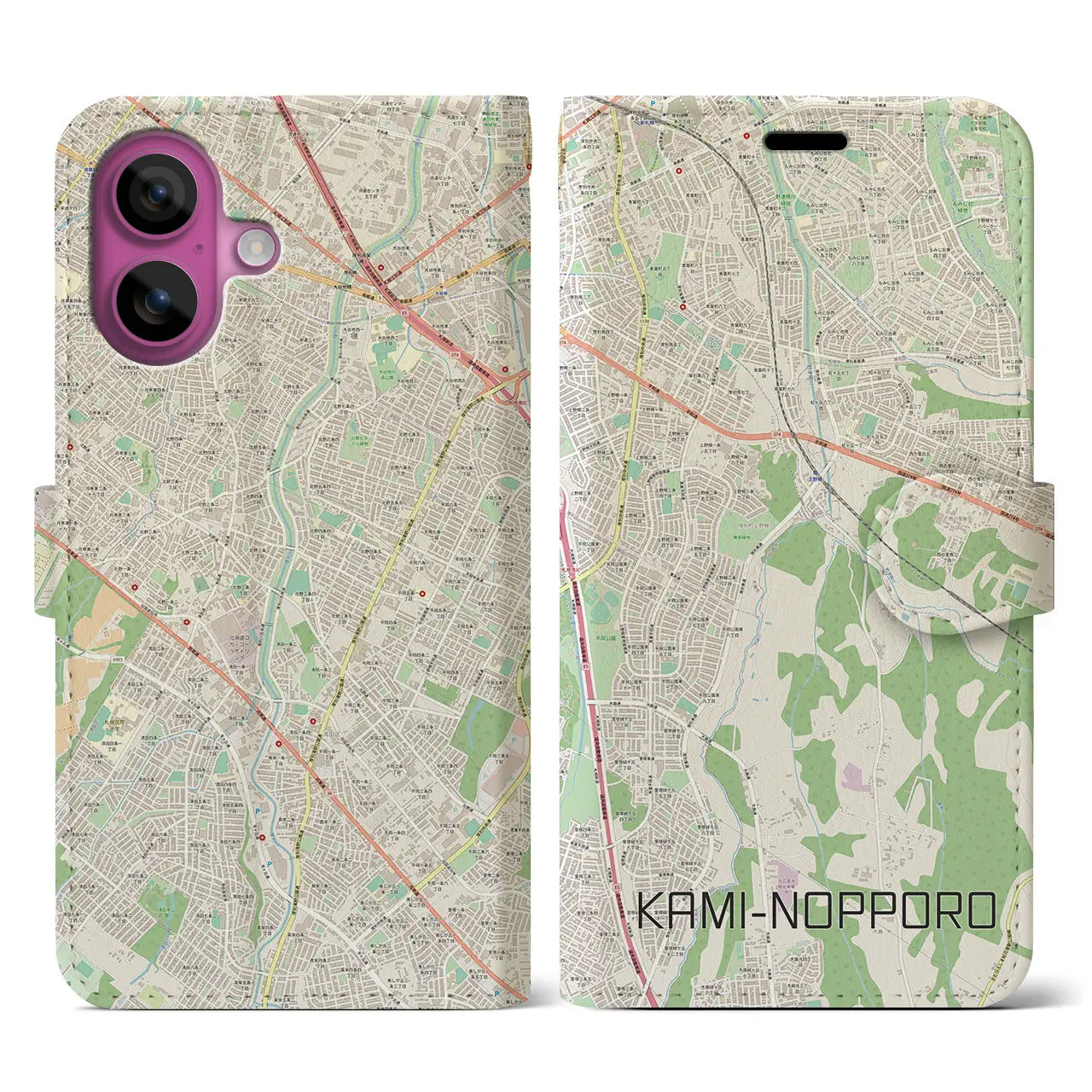 【上野幌(北海道)】地図柄iPhoneケース(手帳タイプ)ナチュラル・iPhone 16 Pro 用