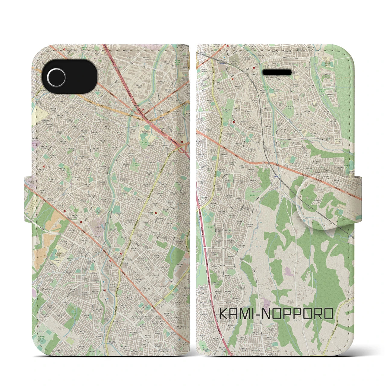 【上野幌(北海道)】地図柄iPhoneケース(手帳タイプ)ナチュラル・iPhone SE(第3 / 第2世代) / 8 / 7 / 6s / 6 用