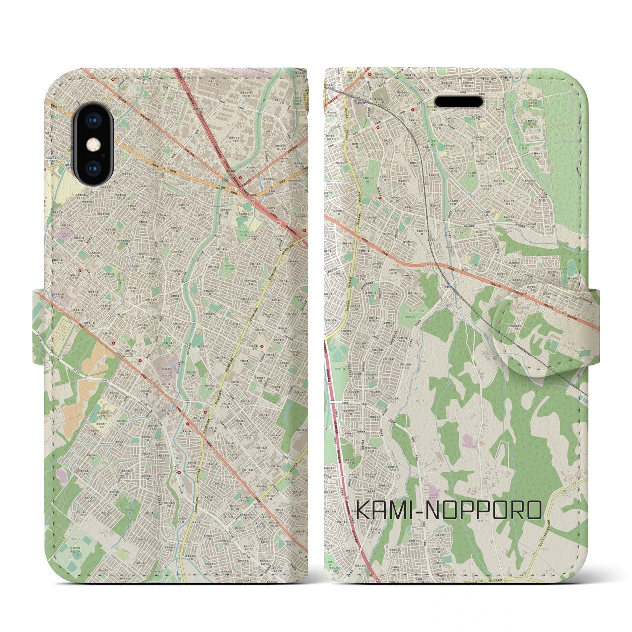 【上野幌(北海道)】地図柄iPhoneケース(手帳タイプ)ナチュラル・iPhone XS / X 用