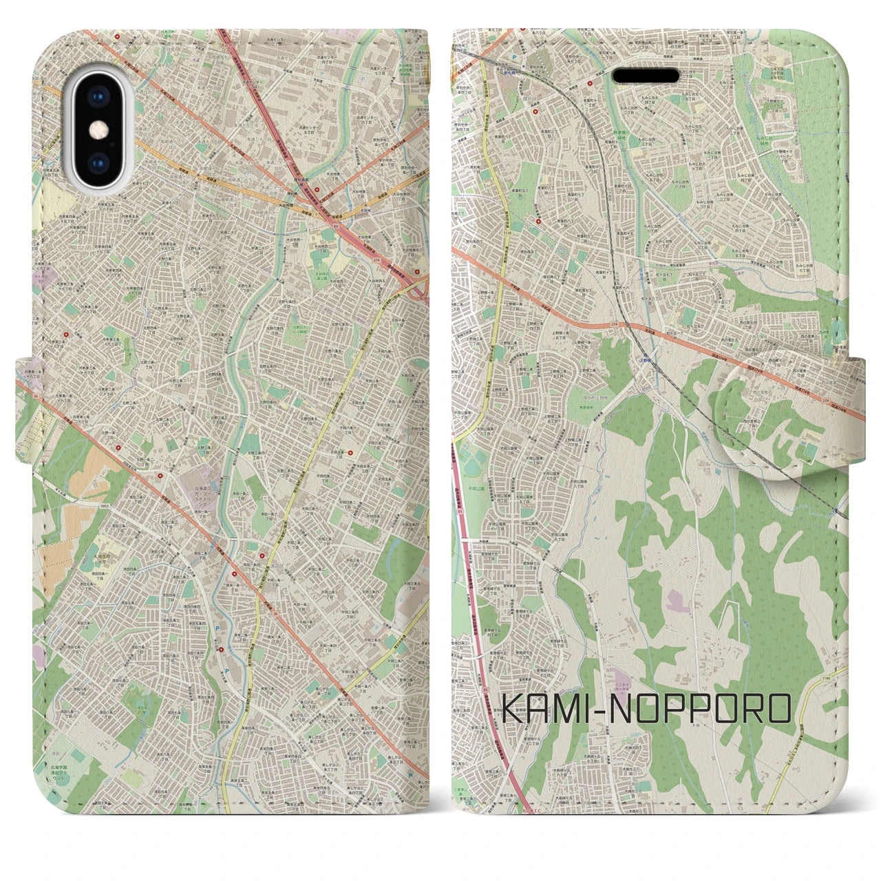 【上野幌(北海道)】地図柄iPhoneケース(手帳タイプ)ナチュラル・iPhone XS Max 用