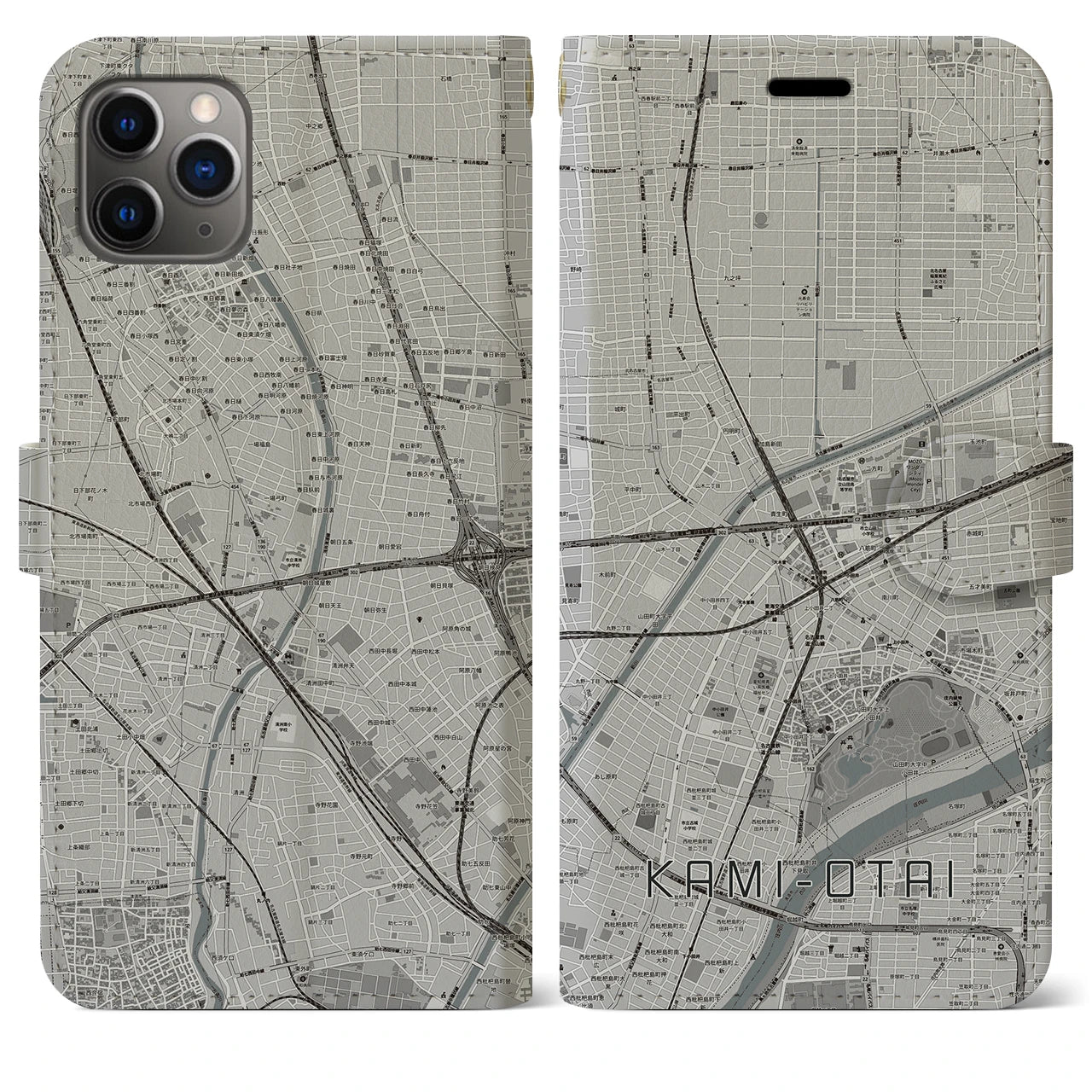 【上小田井(愛知県)】地図柄iPhoneケース(手帳タイプ)モノトーン・iPhone 11 Pro Max 用