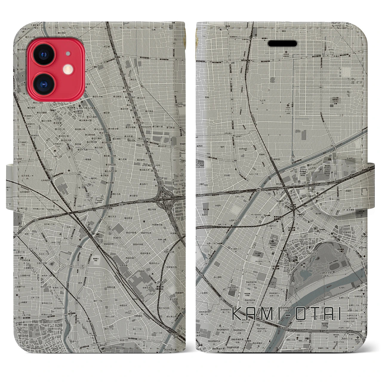【上小田井(愛知県)】地図柄iPhoneケース(手帳タイプ)モノトーン・iPhone 11 用