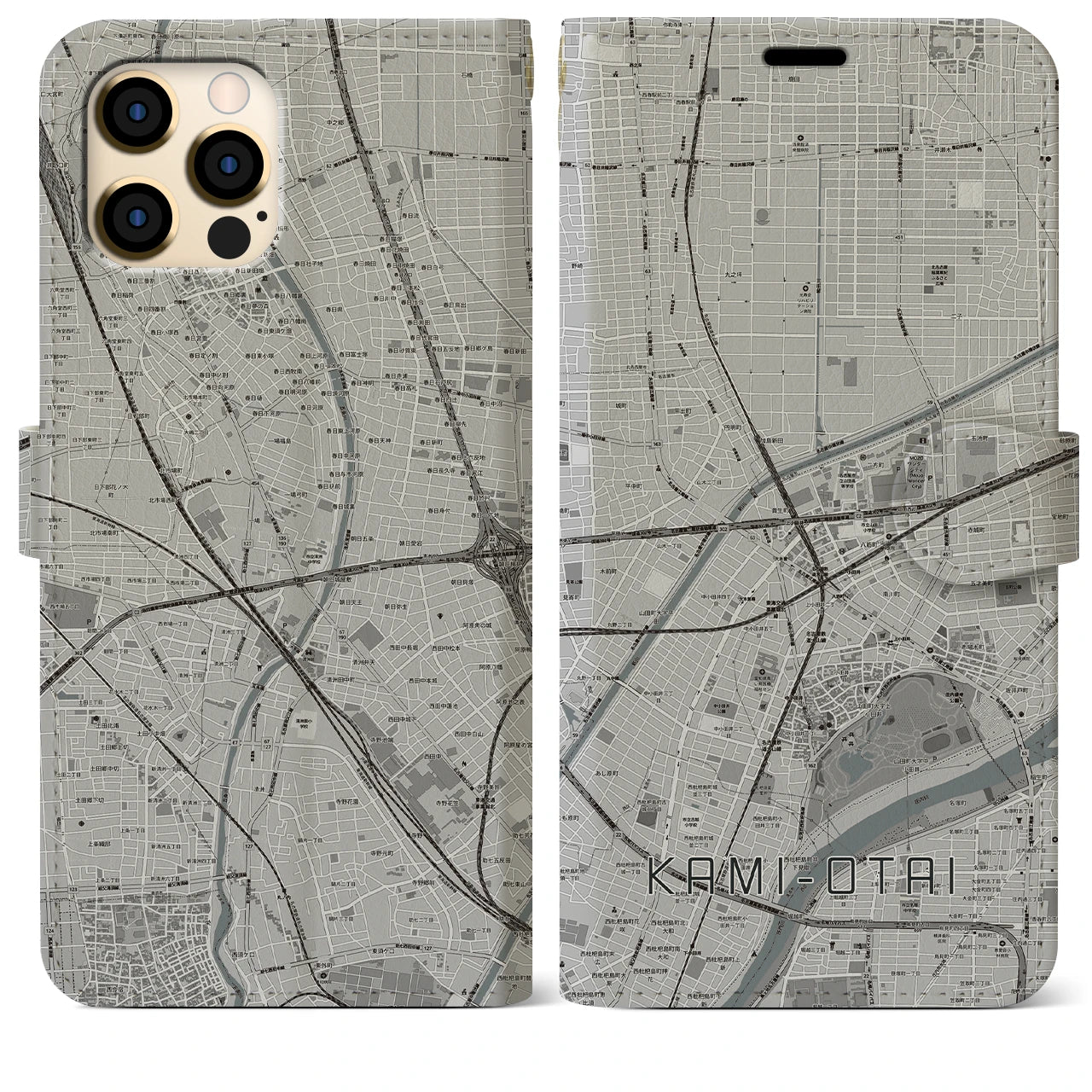 【上小田井(愛知県)】地図柄iPhoneケース(手帳タイプ)モノトーン・iPhone 12 Pro Max 用