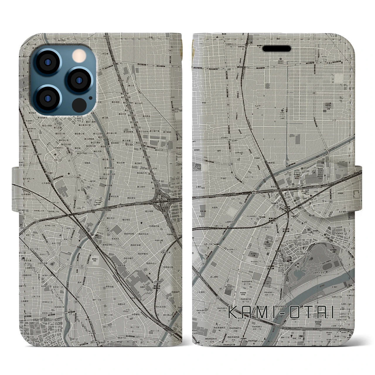 【上小田井(愛知県)】地図柄iPhoneケース(手帳タイプ)モノトーン・iPhone 12 / 12 Pro 用
