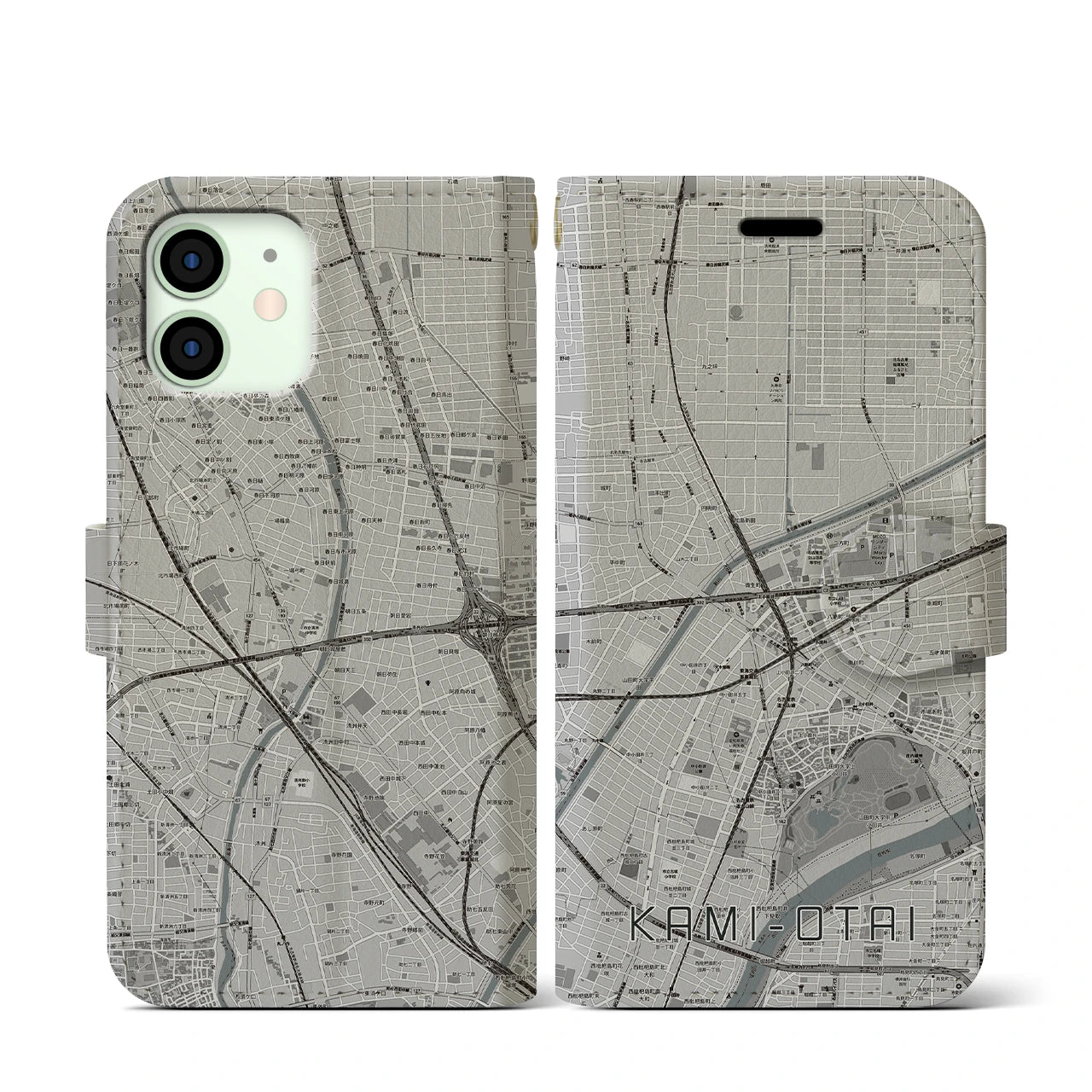 【上小田井(愛知県)】地図柄iPhoneケース(手帳タイプ)モノトーン・iPhone 12 mini 用