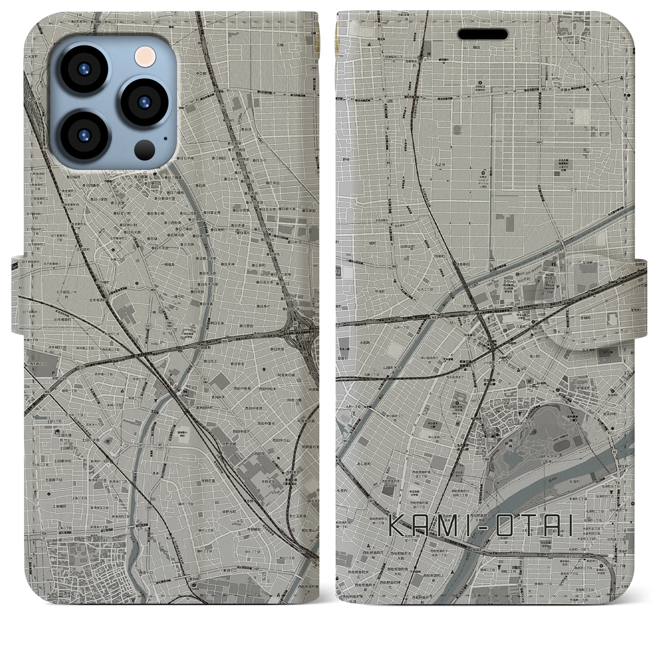 【上小田井(愛知県)】地図柄iPhoneケース(手帳タイプ)モノトーン・iPhone 13 Pro Max 用