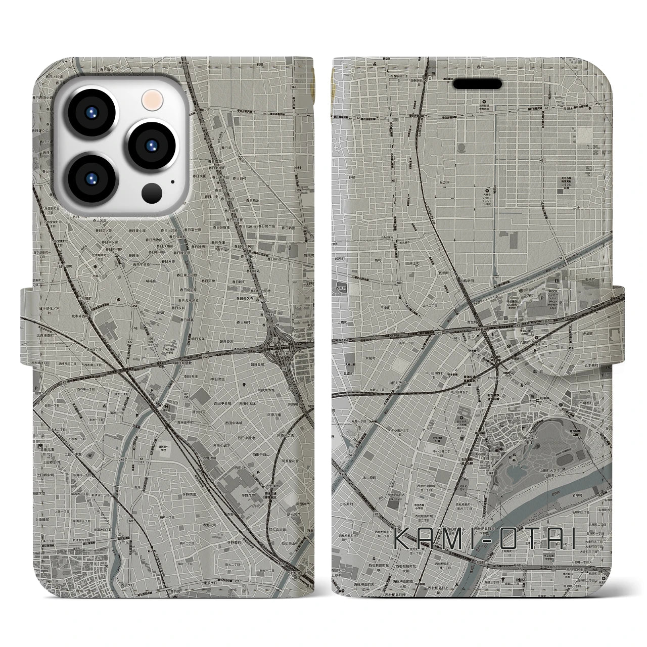 【上小田井(愛知県)】地図柄iPhoneケース(手帳タイプ)モノトーン・iPhone 13 Pro 用
