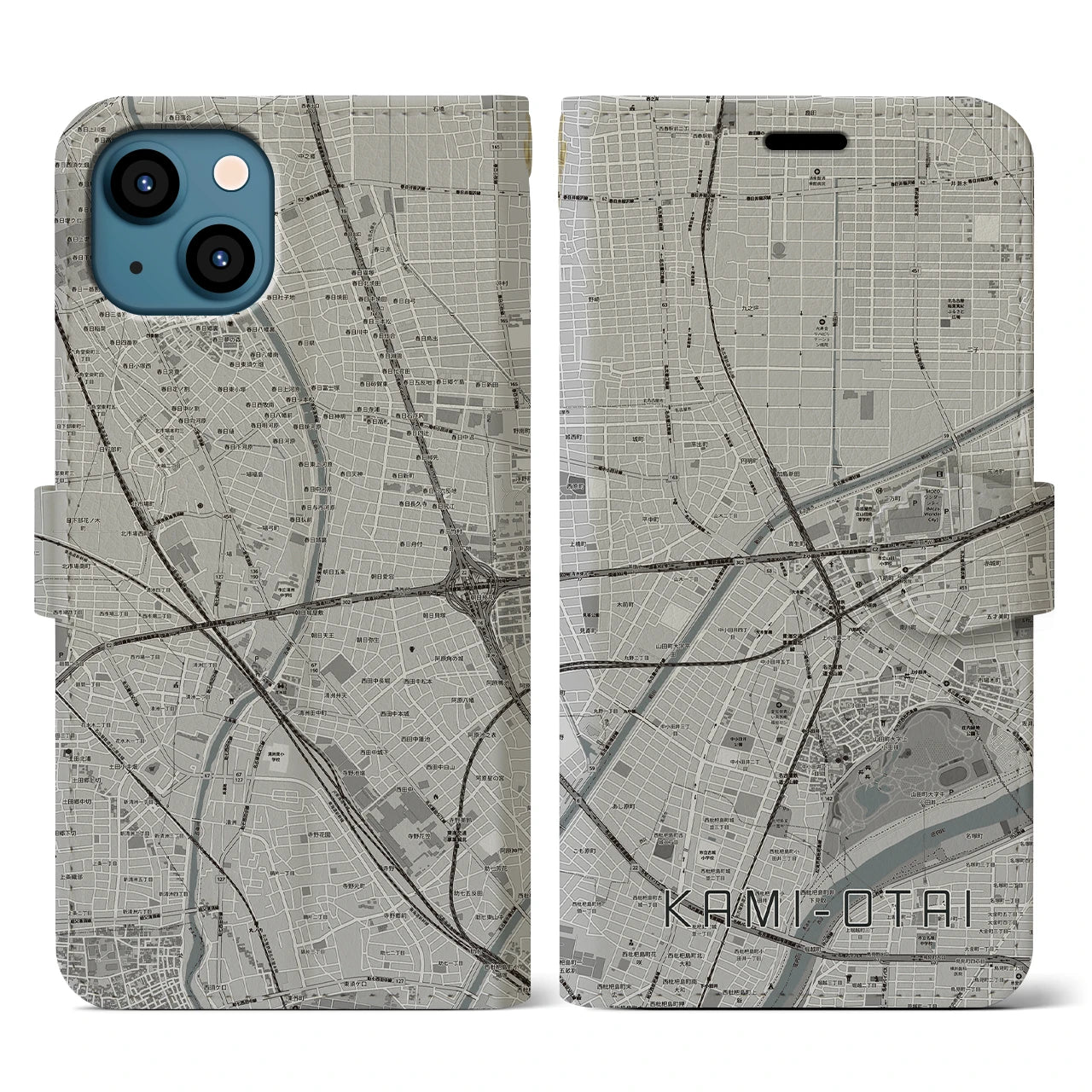 【上小田井(愛知県)】地図柄iPhoneケース(手帳タイプ)モノトーン・iPhone 13 用