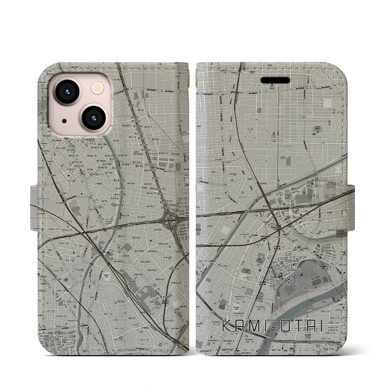 【上小田井(愛知県)】地図柄iPhoneケース(手帳タイプ)モノトーン・iPhone 13 mini 用