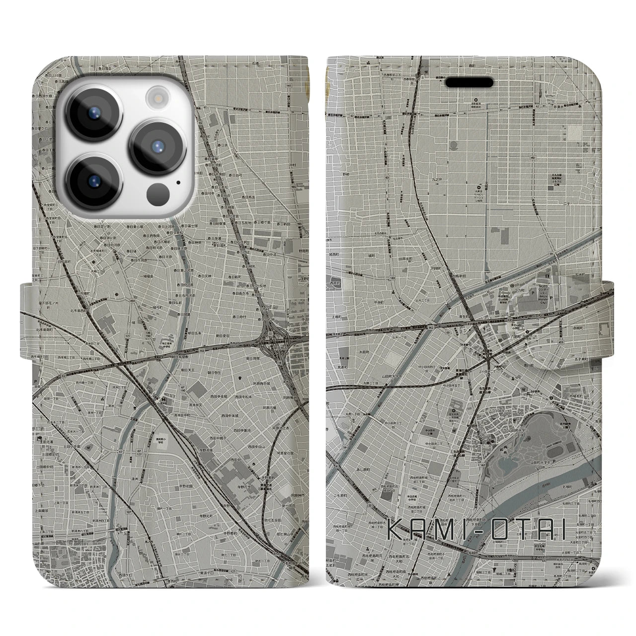 【上小田井(愛知県)】地図柄iPhoneケース(手帳タイプ)モノトーン・iPhone 14 Pro 用