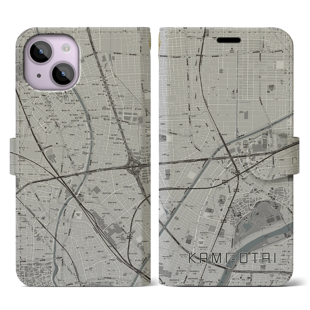 【上小田井(愛知県)】地図柄iPhoneケース(手帳タイプ)モノトーン・iPhone 14 用