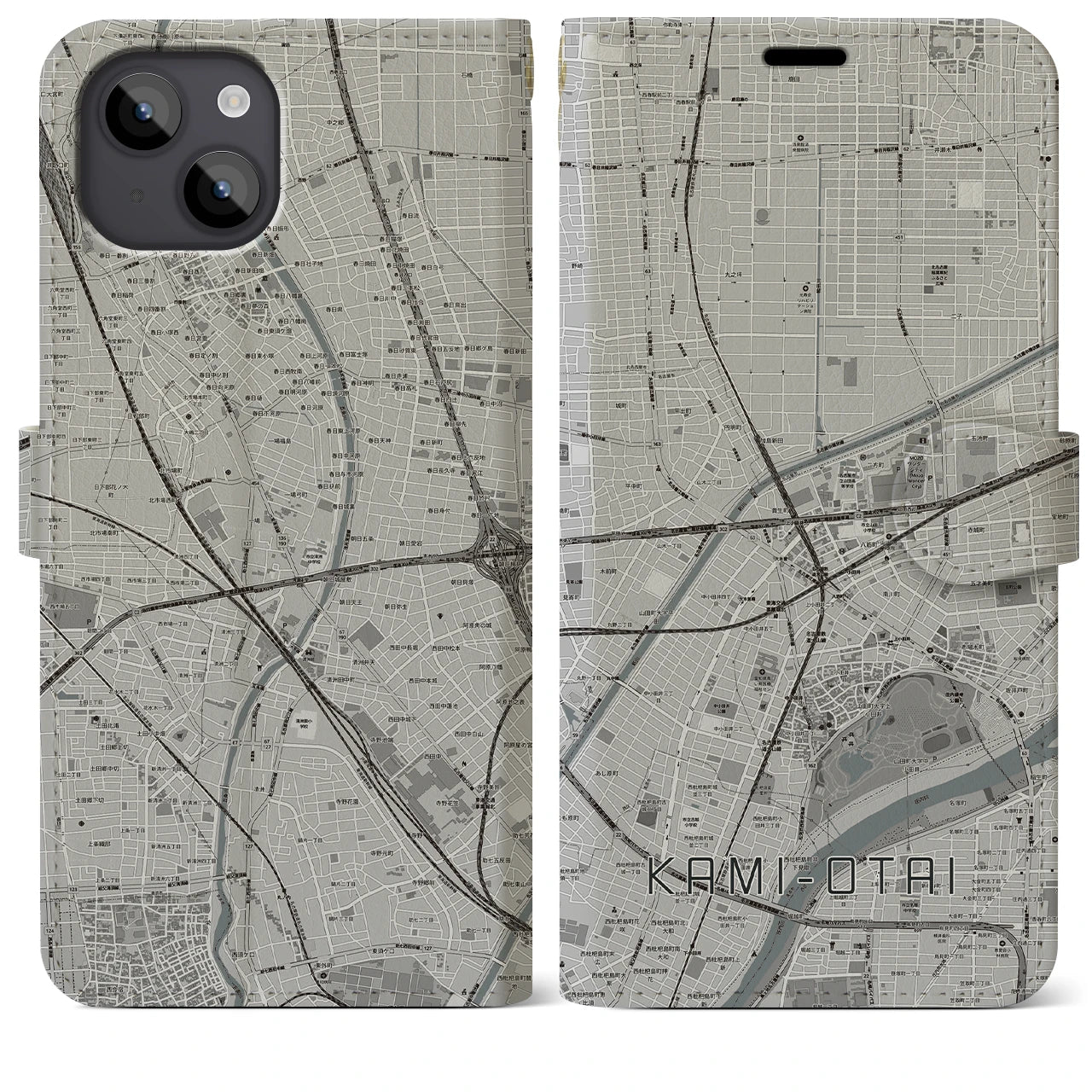 【上小田井(愛知県)】地図柄iPhoneケース(手帳タイプ)モノトーン・iPhone 14 Plus 用