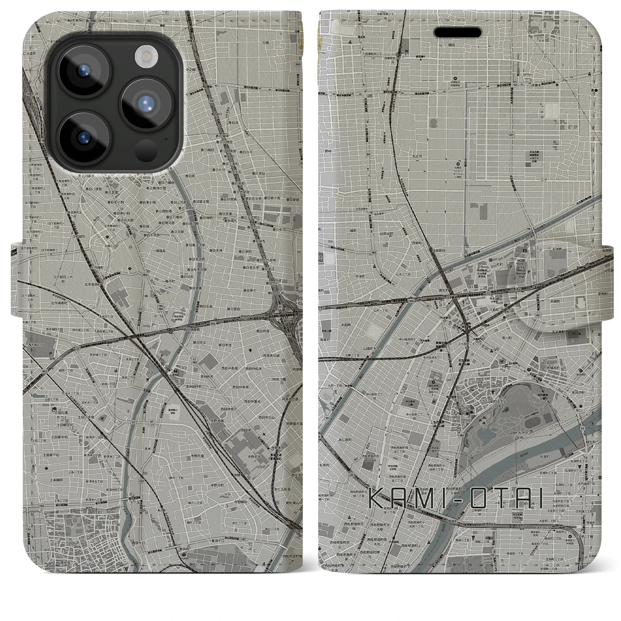 【上小田井(愛知県)】地図柄iPhoneケース(手帳タイプ)モノトーン・iPhone 15 Pro Max 用