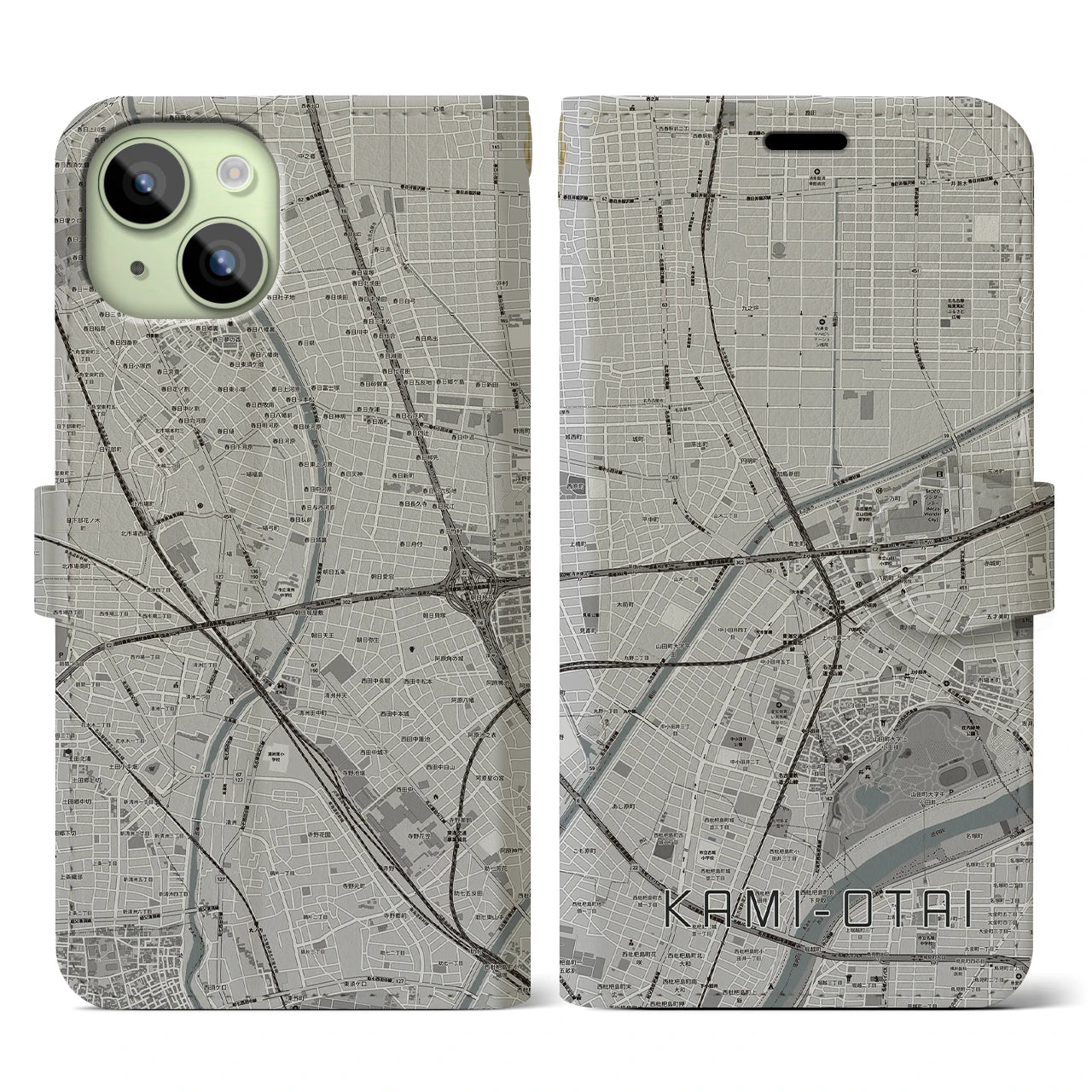 【上小田井(愛知県)】地図柄iPhoneケース(手帳タイプ)モノトーン・iPhone 15 用