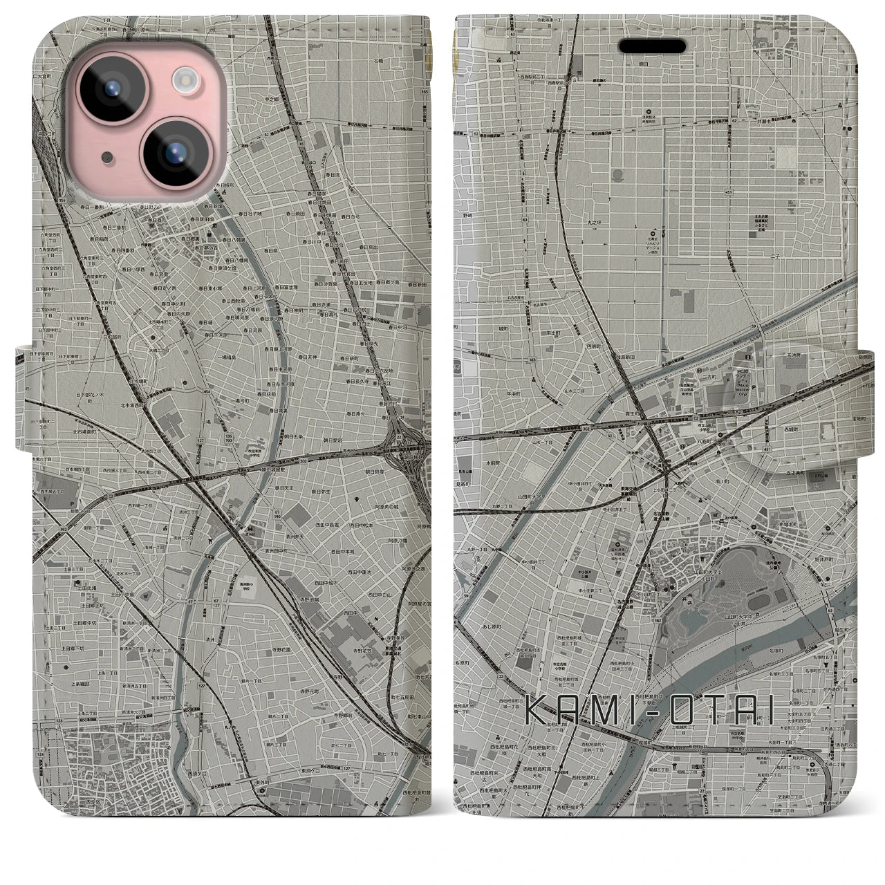 【上小田井(愛知県)】地図柄iPhoneケース(手帳タイプ)モノトーン・iPhone 15 Plus 用
