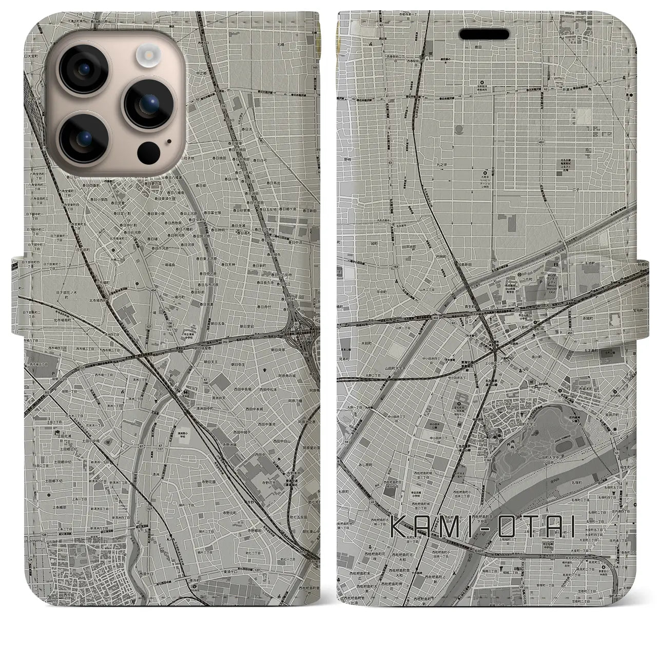 【上小田井(愛知県)】地図柄iPhoneケース(手帳タイプ)モノトーン・iPhone 16 Plus 用
