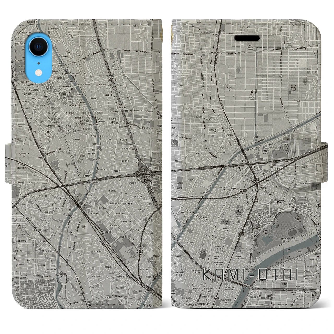 【上小田井(愛知県)】地図柄iPhoneケース(手帳タイプ)モノトーン・iPhone XR 用